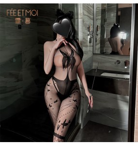 FEE ET MOI - Butterfly Halter Backless Open-Crotch Bodystocking (Black)